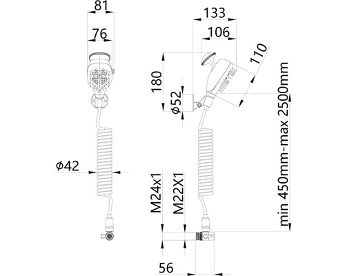 Technický nákres bidetovej sprchy s rozmermi