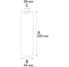 Výkres produktu s rozmermi: výška 250 mm, priemer 56 mm, priemer otvoru 28 mm
