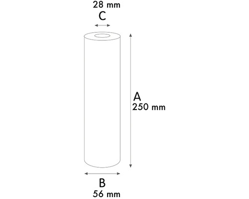 Výkres produktu s rozmermi: výška 250 mm, priemer 56 mm, priemer otvoru 28 mm