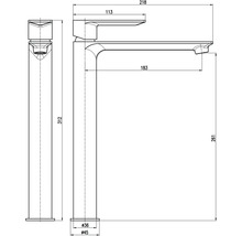 Technický nákres vodovodnej batérie s rozmermi