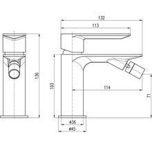 Technický nákres bidetovej batérie s rozmermi.