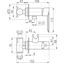 Technický výkres vodovodnej batérie s rozmermi