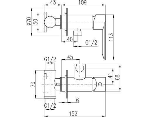 Technický výkres vodovodnej batérie s rozmermi
