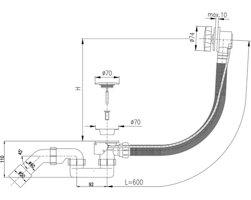 Technický nákres sifónovej súpravy s rozmermi
