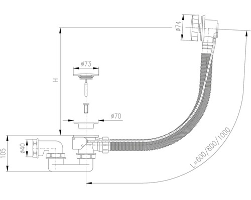 Technický nákres súpravy odtokovej armatúry s rozmermi