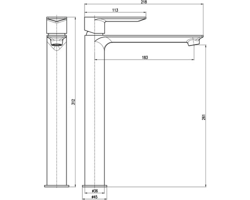 Technický výkres vodovodnej batérie s rozmermi