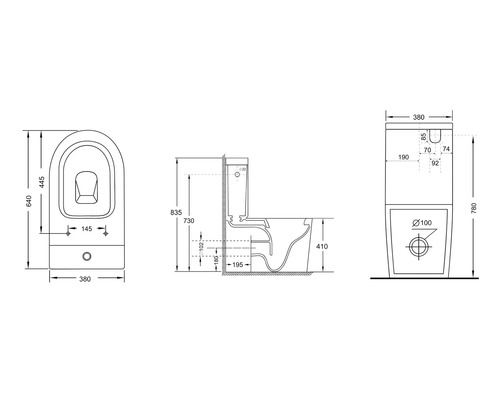 Technický nákres stojaceho WC s rozmermi