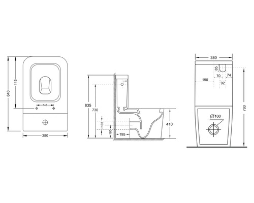 Technický nákres stojaceho WC s rozmermi