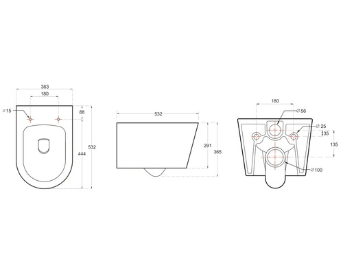 Technický nákres závesného WC s rozmermi