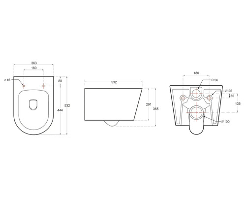 Technický nákres závesného WC s rozmermi
