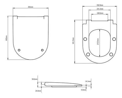 Technický nákres záchodovej dosky s rozmermi