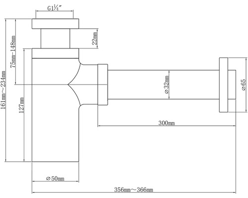 Technický nákres sifónu s rozmermi