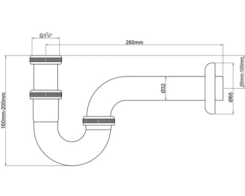 Technický výkres sifónu s rozmermi