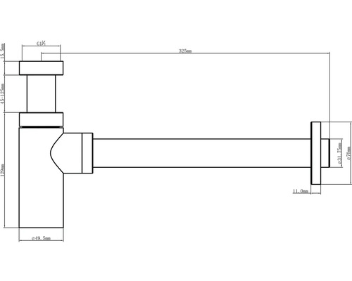 Technický nákres sifónu s rozmermi