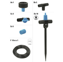 Rôzne diely záhradného zavlažovania a symbol kvapky.