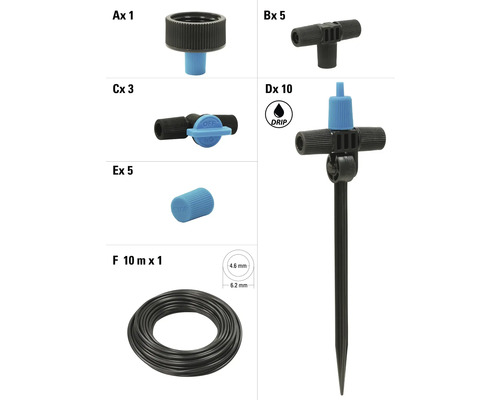 Rôzne diely záhradného zavlažovania a symbol kvapky.