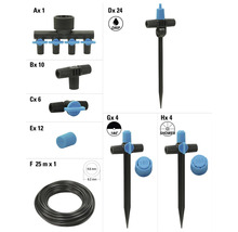 Záhradný zavlažovací systém s postrekovačmi, rozdeľovačmi, hadicou a príslušenstvom