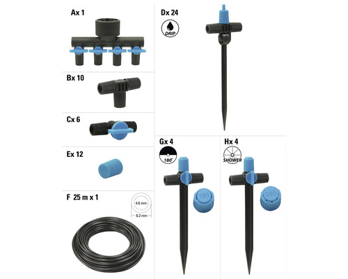Záhradný zavlažovací systém s postrekovačmi, rozdeľovačmi, hadicou a príslušenstvom