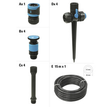 Sada príslušenstva k záhradnej hadici, pozostávajúca z hadicovej spojky, postrekovača, predĺženia a zemného hrotu a 15-metrovej hadice