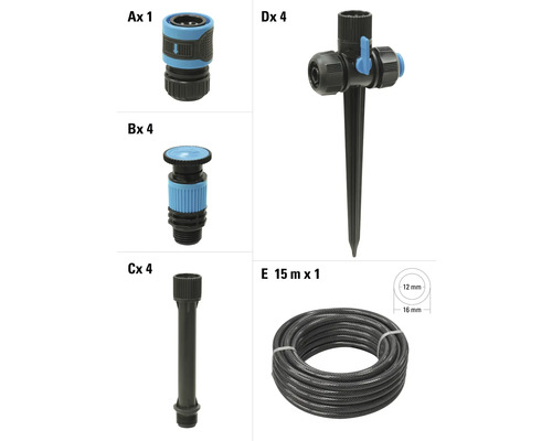 Sada príslušenstva k záhradnej hadici, pozostávajúca z hadicovej spojky, postrekovača, predĺženia a zemného hrotu a 15-metrovej hadice