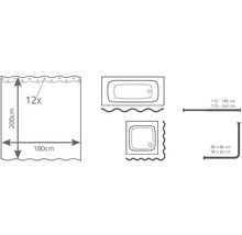 Ilustrácia sprchového závesu s rozmermi 200 cm na výšku a 180 cm na šírku, rovnako ako tvary vaní a sprchovacích kútov a sprchové tyče v rôznych veľkostiach.