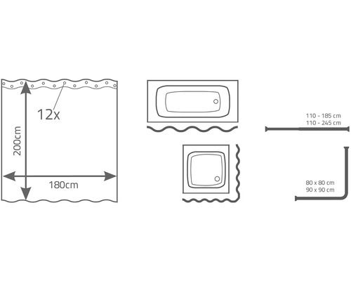 Ilustrácia sprchového závesu s rozmermi 200 cm na výšku a 180 cm na šírku, rovnako ako tvary vaní a sprchovacích kútov a sprchové tyče v rôznych veľkostiach.