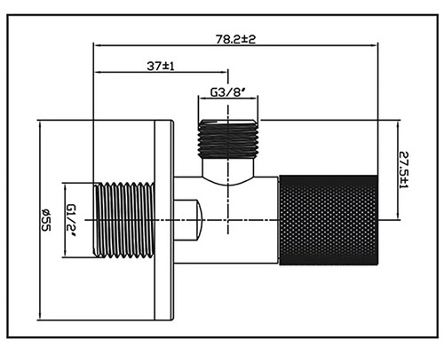 Technický nákres rohového regulačného ventilu s rozmermi