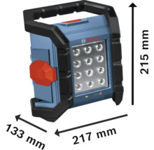 Logo Bosch na staveniskovej lampe s rozmermi 215 mm výška, 133 mm šírka a 217 mm dĺžka