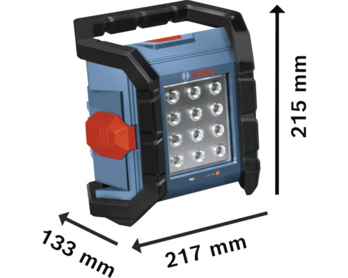 Logo Bosch na staveniskovej lampe s rozmermi 215 mm výška, 133 mm šírka a 217 mm dĺžka