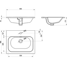 Technický nákres umývadla s rozmermi.