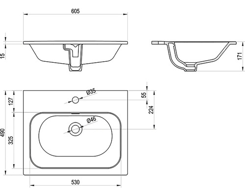 Technický nákres umývadla s rozmermi.