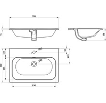 Technický nákres umývadla s rozmermi.