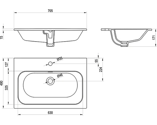 Technický nákres umývadla s rozmermi.