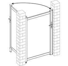 Nákres záhradnej bránky s otočným pohybom medzi dvoma murovanými stĺpikmi