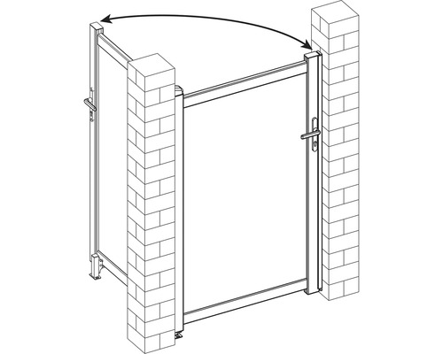 Nákres záhradnej bránky s otočným pohybom medzi dvoma murovanými stĺpikmi
