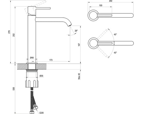 Technický nákres armatúry s rozmermi