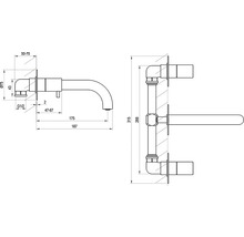 Technický nákres nástennej armatúry s príslušnými rozmermi.