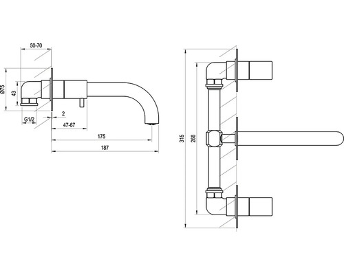 Technický nákres nástennej armatúry s príslušnými rozmermi.