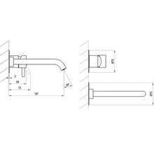 Technický nákres vodovodnej batérie s rozmermi