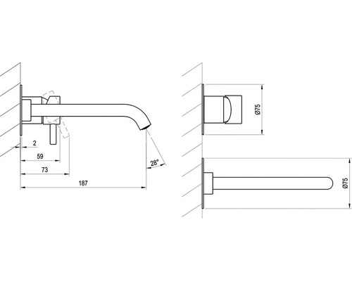 Technický nákres vodovodnej batérie s rozmermi