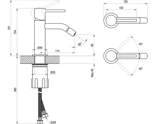 Technický výkres bidetovej batérie s rozmermi