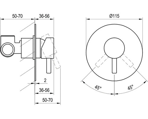 Technický výkres rohového regulačného ventilu s rozmermi