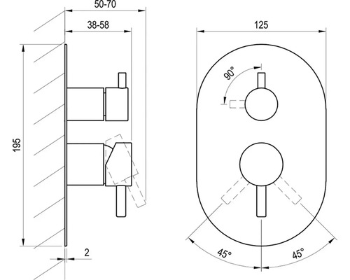 Technický výkres kúpeľňovej batérie s rozmermi