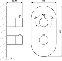 Technický výkres podomietkovej sprchovej batérie s rozmermi