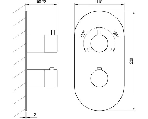 Technický výkres podomietkovej sprchovej batérie s rozmermi