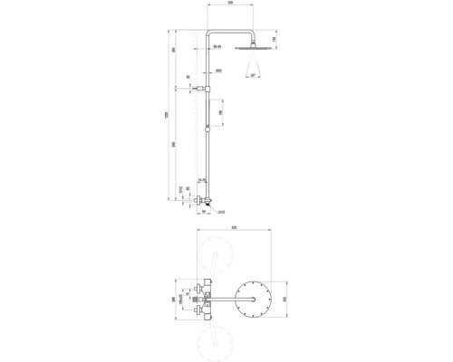 Technický nákres sprchovej batérie s rozmermi