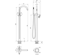 Technický nákres voľne stojacej vaňovej batérie s ručnou sprchou a rozmermi