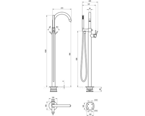 Technický nákres voľne stojacej vaňovej batérie s ručnou sprchou a rozmermi
