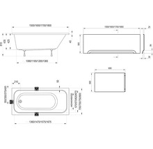 Technický nákres vane s rozmermi.