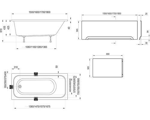Technický nákres vane s rozmermi.